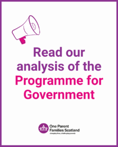 Pink and purple megaphone graphic with text: read our analysis of the Programme for Government. OPFS logo